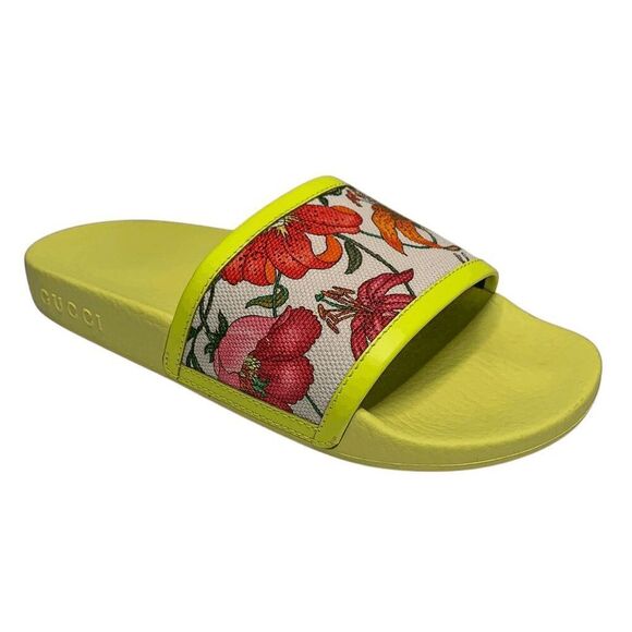 Gucci Canvas Flora Print Slide Sandal EU 36.5 US 6.5 Fluorescent Neon Yellow - Picture 1 of 10